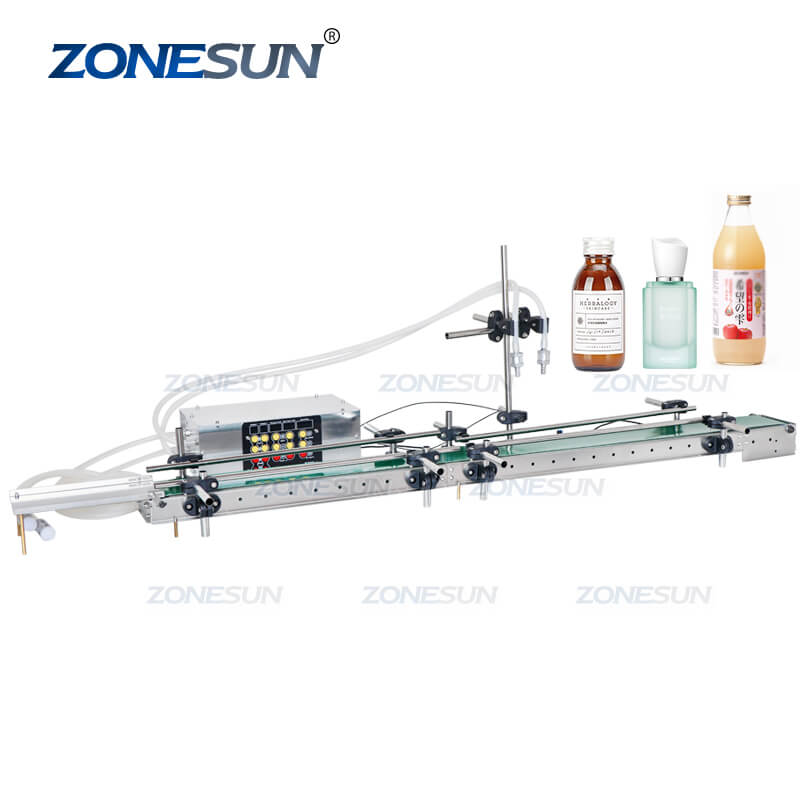 ZONESUN ZS-DPYT200L رأس مزدوج التلقائي زجاجات بلاستيكية صغيرة مستديرة من الضروري النفط عصير عصير ملء آلة السائل مع الحزام الناقل