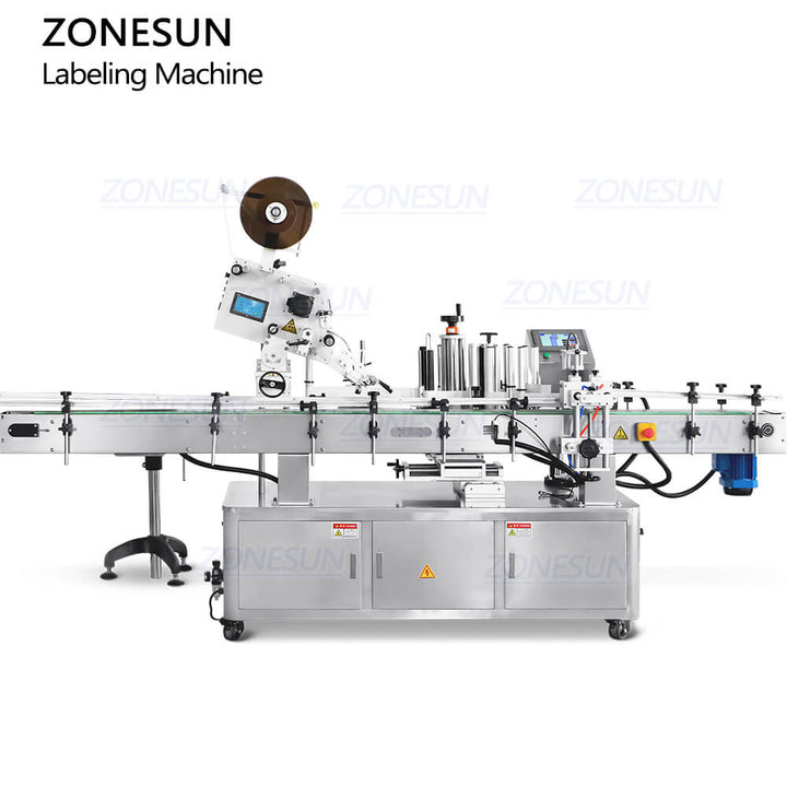 ZS-TB822P Automatic Self-adhesive Stickers Round Plastic Bottle Caps Top Side & Body Side Labeling Machine For Honey Jam