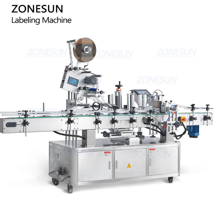 ZS-TB822P Automatic Self-adhesive Stickers Round Plastic Bottle Caps Top Side & Body Side Labeling Machine For Honey Jam